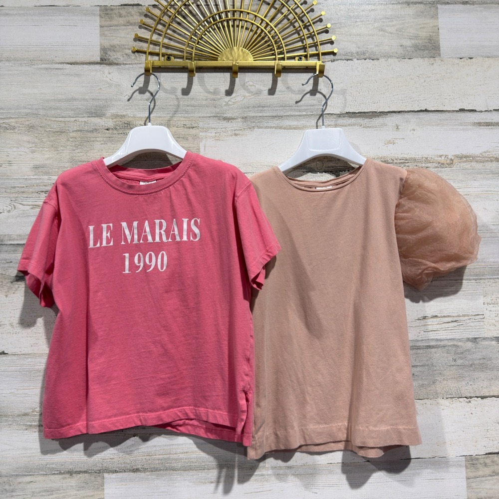 Zara Le Marais Puff Sleeve Top Lot Girls 11-12 Pink Cotton Blend Casual EUC
